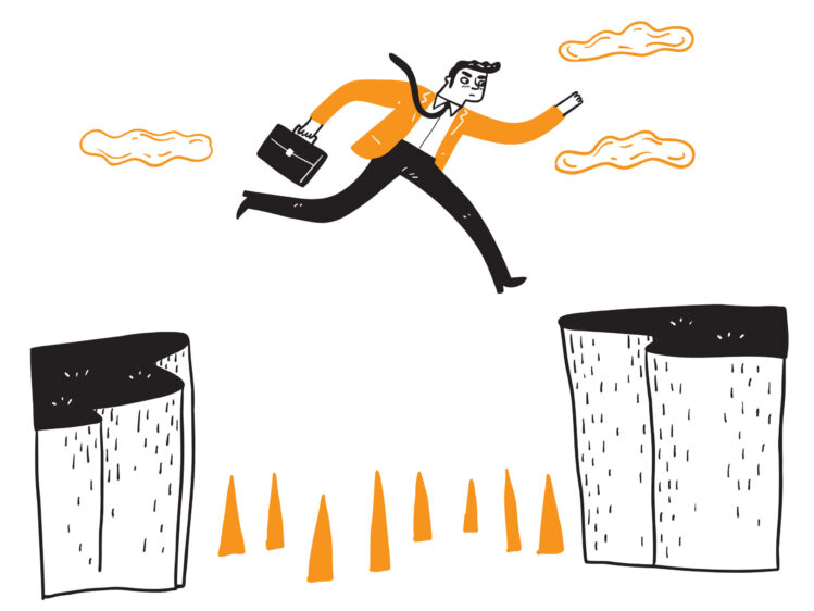 Illustration of businessman jumping from one cliff to another.